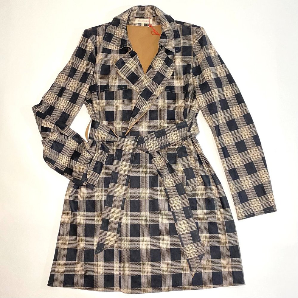 Solitaire Soft Faux Suede Coat Collar 2-Pockets Belted Plaid Trench Jacket Sz L
